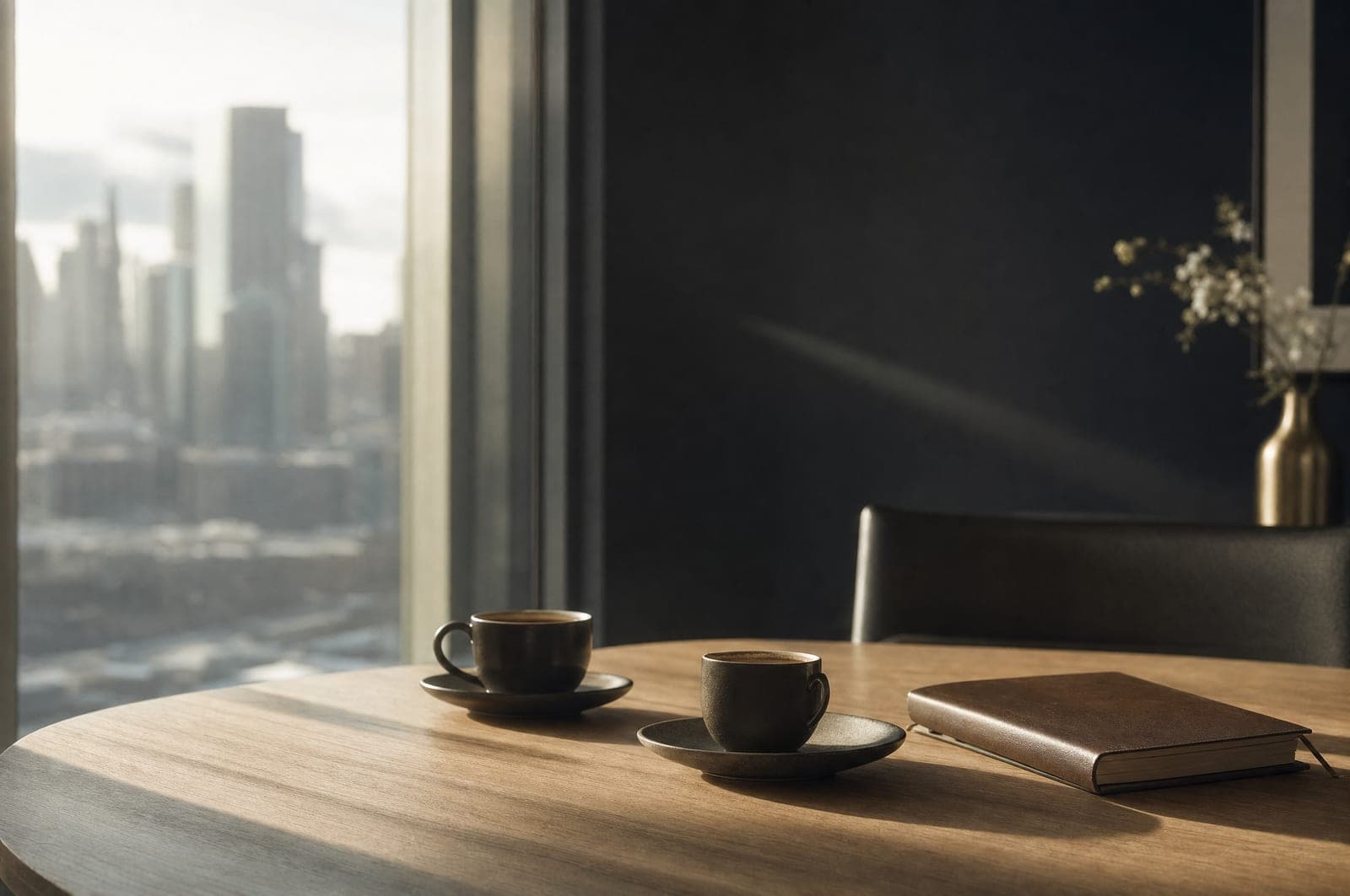 Two espresso cups and a closed notebook on an oak table in morning light.