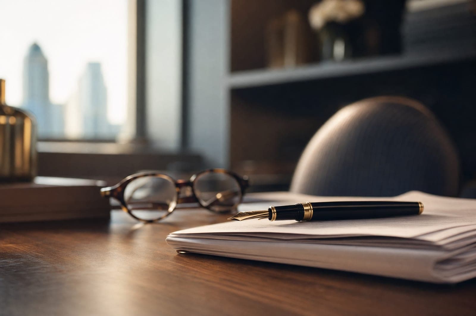 A fountain pen resting on folded documents beside reading glasses.