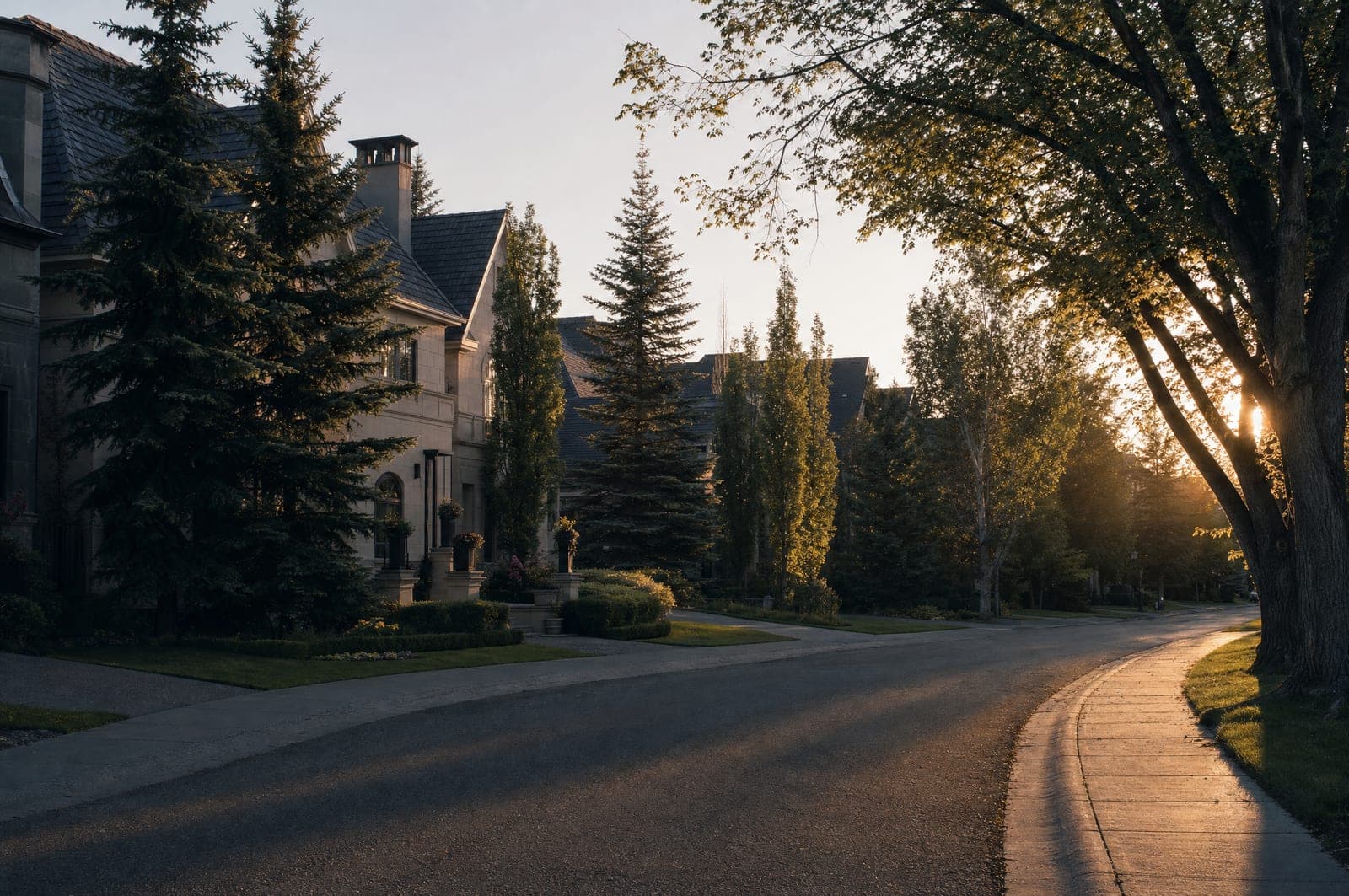 A street of Calgary estate homes seen through a car windshield at golden hour.