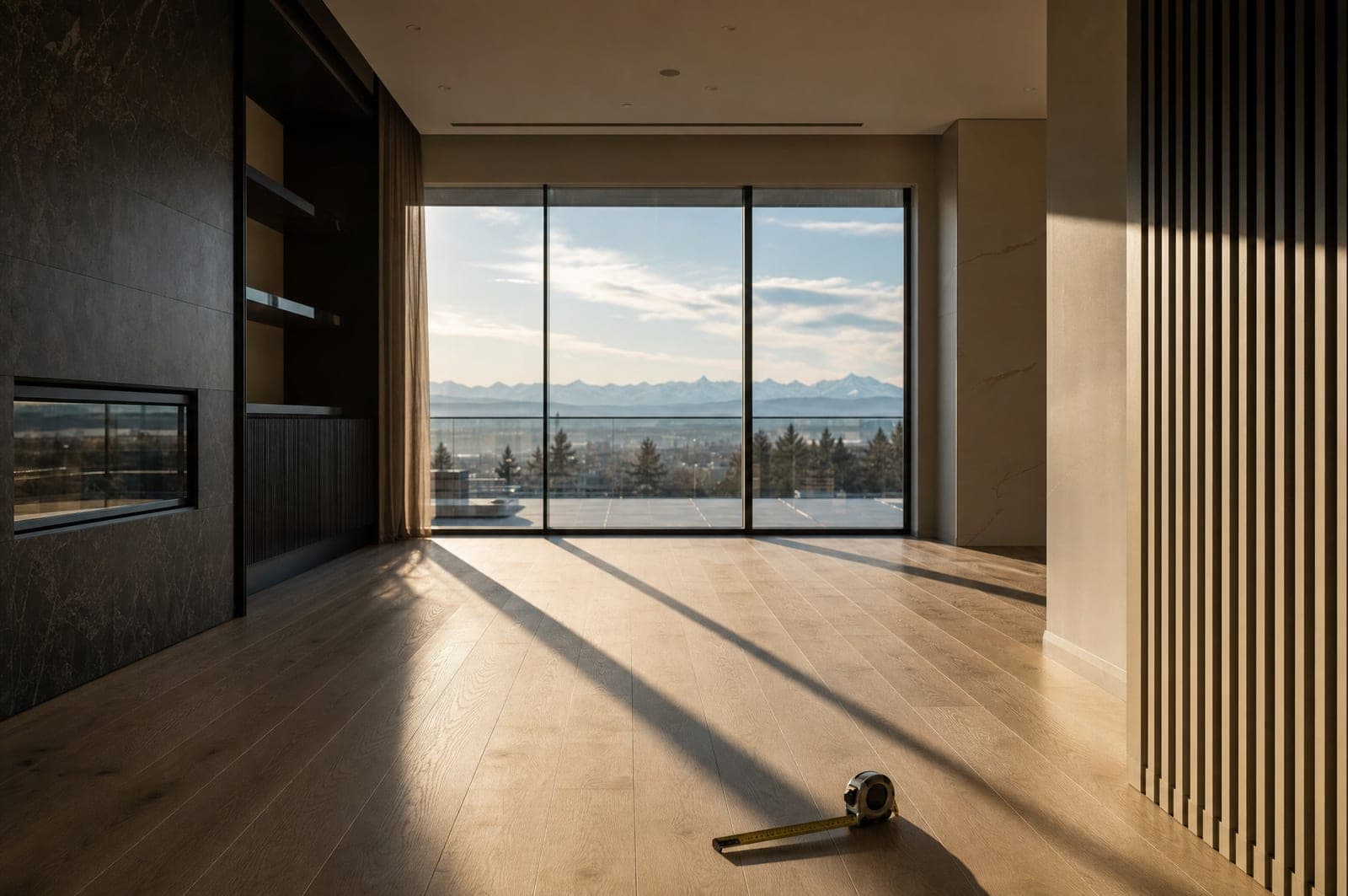 An empty sunlit living room with a tape measure on the oak floor.