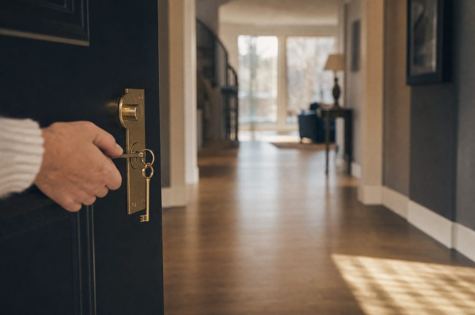 A brass key turning in the front door of a modern Calgary home.
