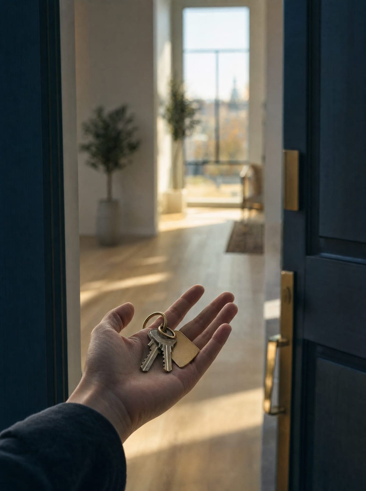 A hand holding a set of house keys at the threshold of a new Calgary home.