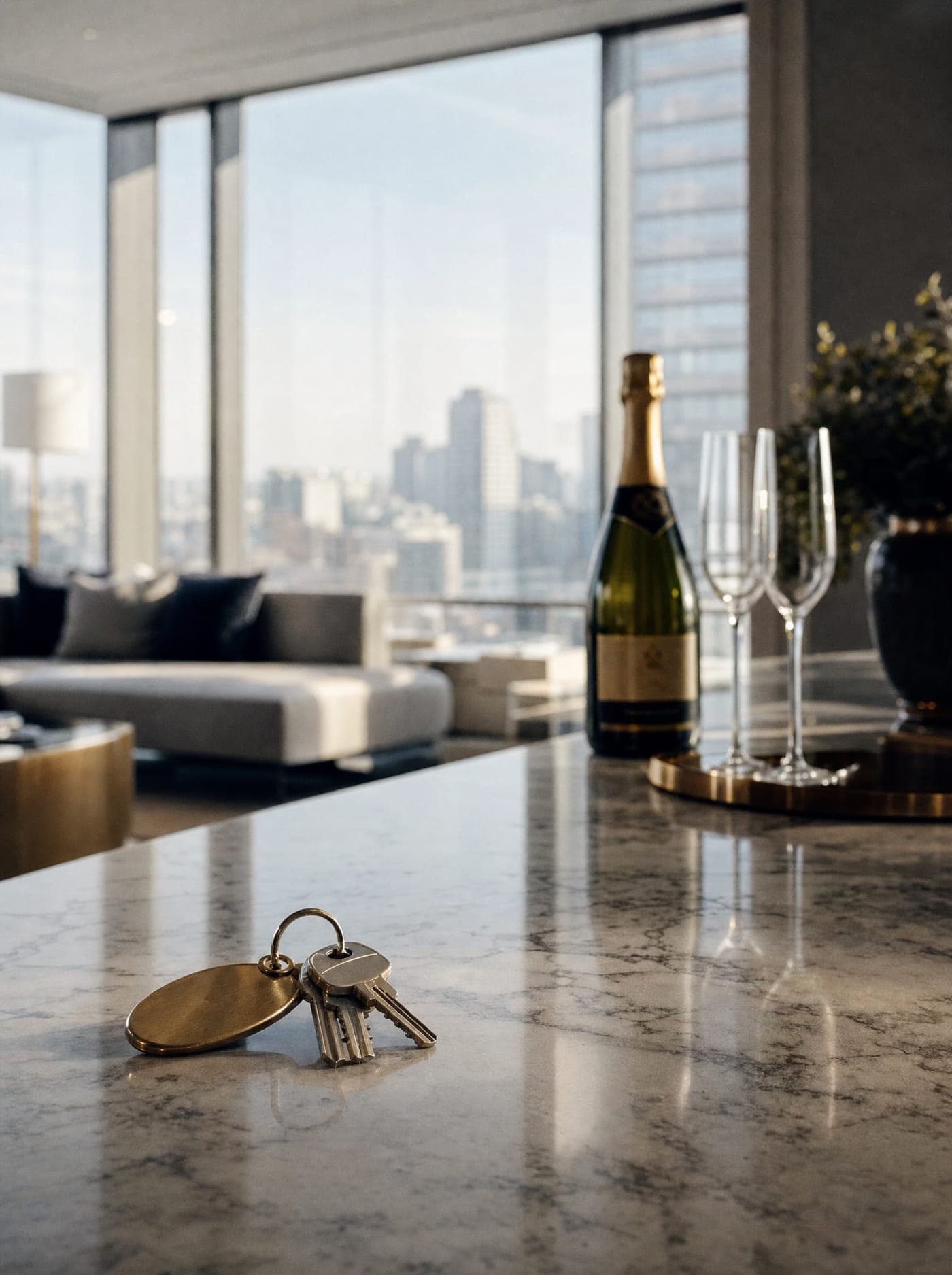 House keys with a brass fob on a marble kitchen island, champagne and two flutes softly out of focus behind.