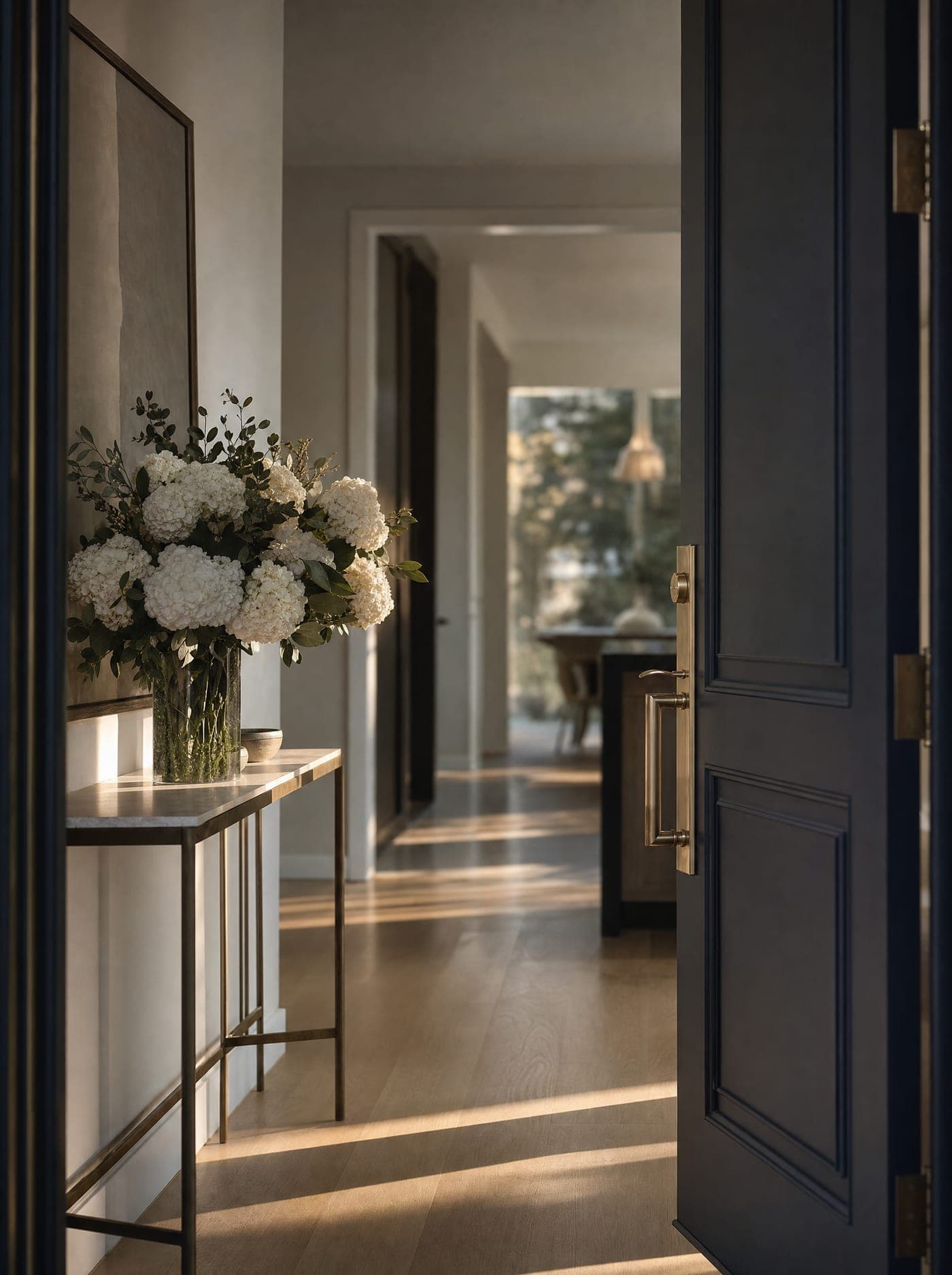 A front door standing open on an open-house afternoon, a white bouquet on the console table, sun across the oak floor.