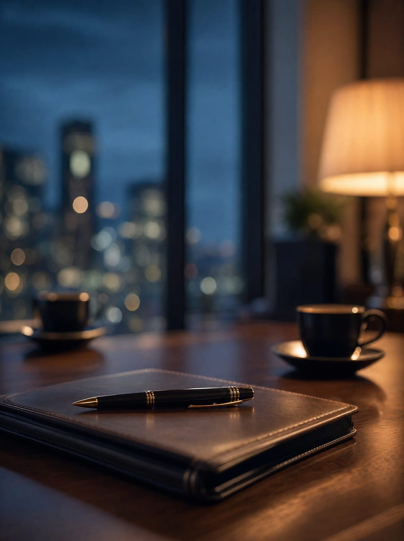 A fountain pen resting on a closed leather folio beside two espresso cups, the evening city out of focus beyond the window.
