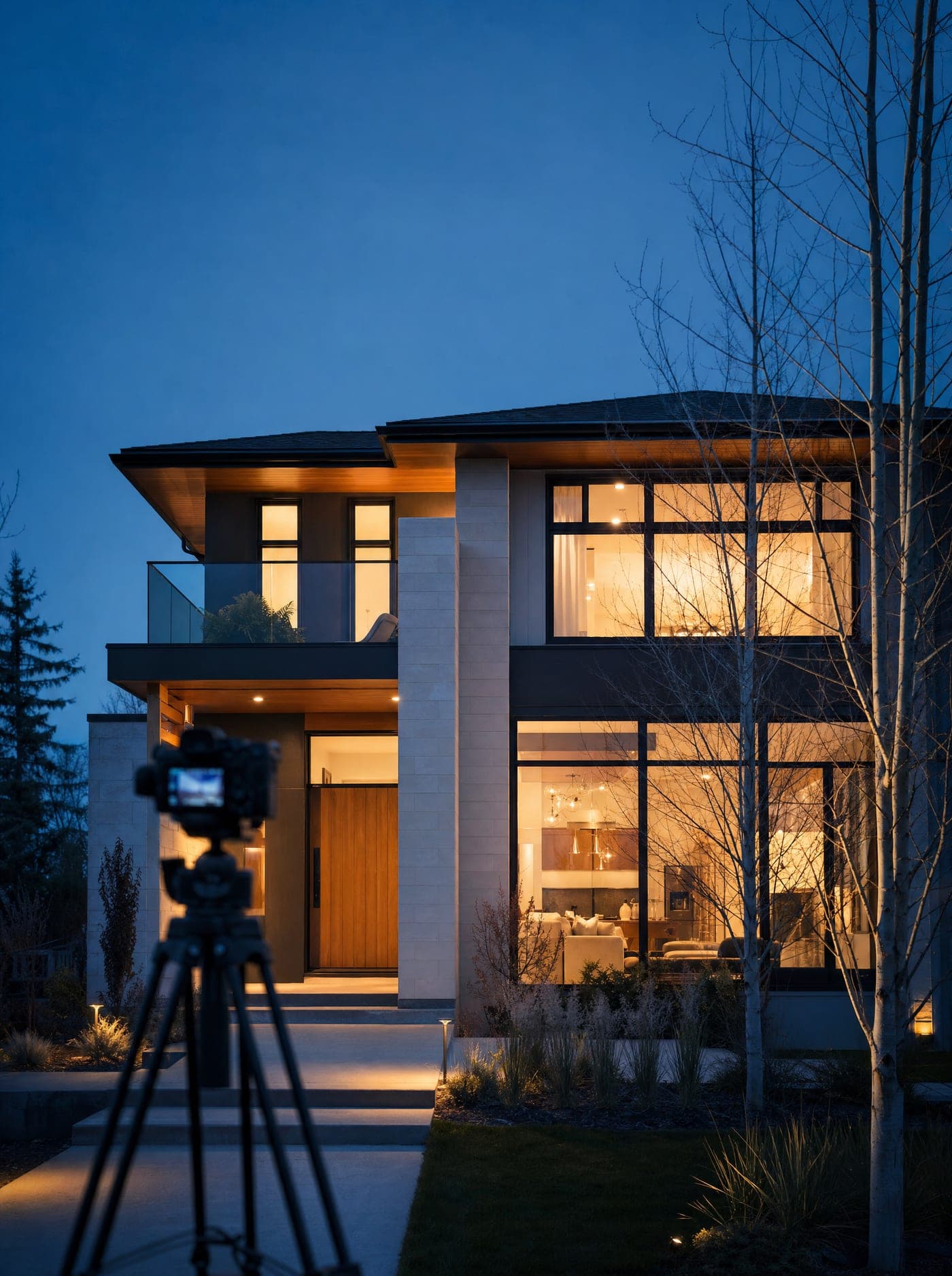 A photographer’s tripod set up on the front walk of a Calgary home at blue hour, every window glowing warm.