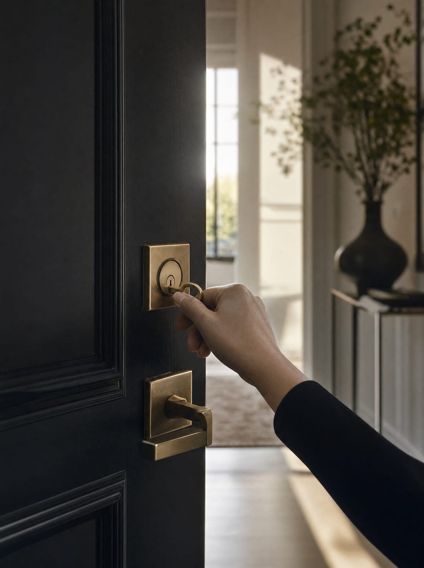 A hand turning a brass key in the front door of a luxury home, the door opening onto a bright foyer.
